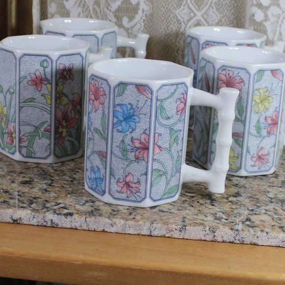 Five Takahashi Vintage Floral Vine Octagonal Cups-KL1B - Picture 4 of 6